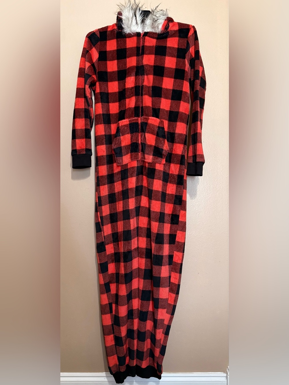 Holiday Time Red and Black Buffalo Plaid Fleece Adult Onesie with Hood
